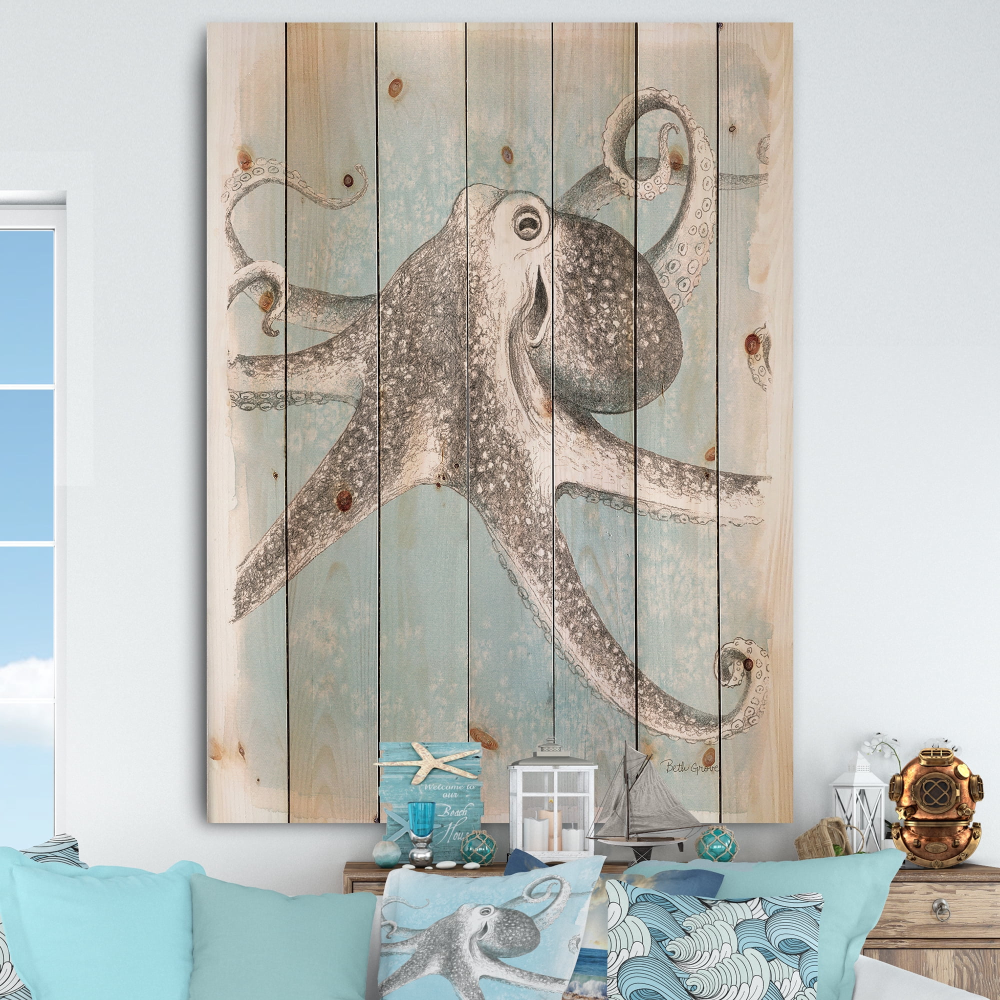 Designart Coastal Sea Life II Octopus Sketches Nautical Print on Natural Pine Wood Art Print, 36" x 46"