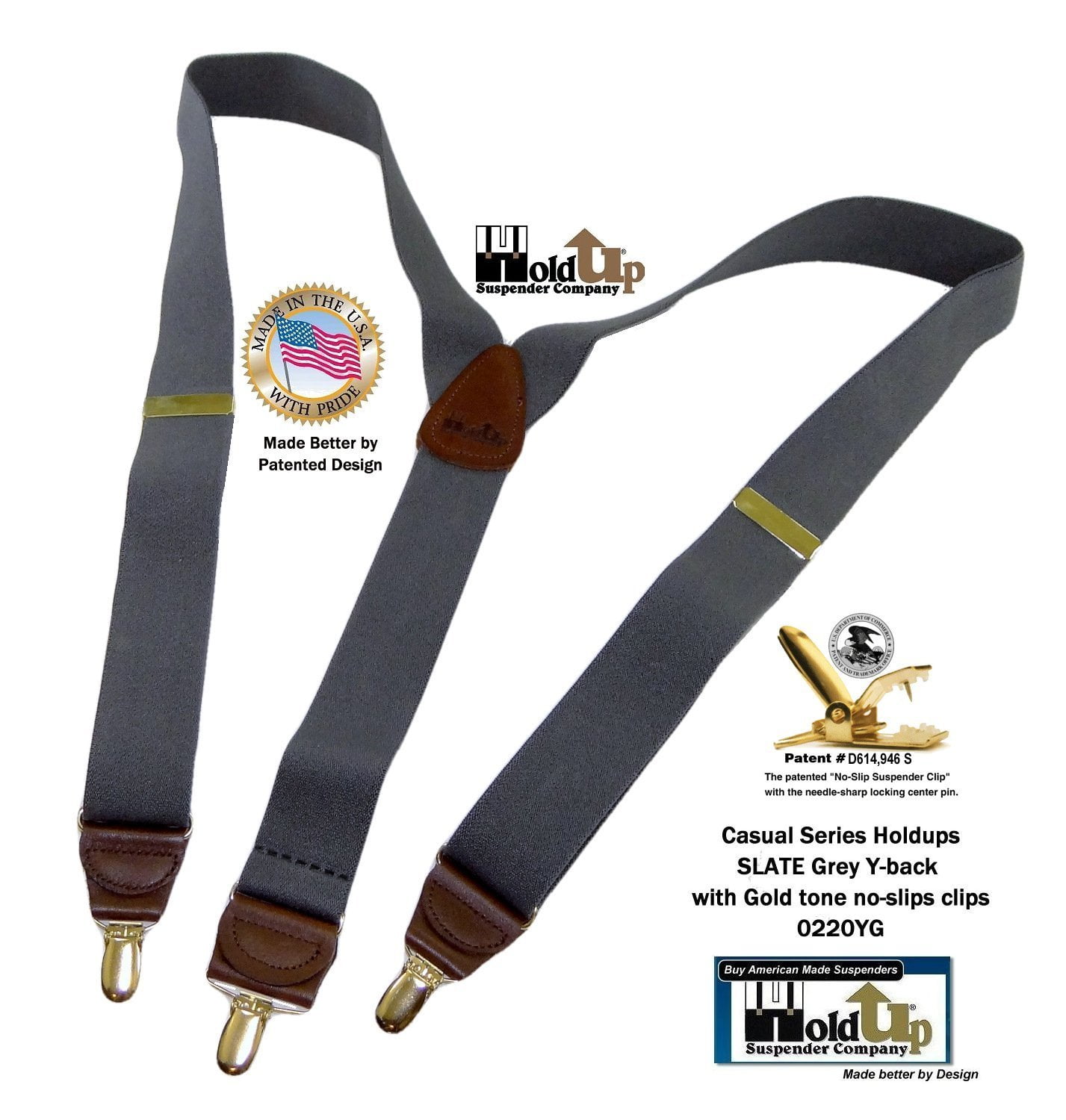 Holdup Suspender Company Slate Grey Mens Y-back Clip-on Suspenders in 1 1/2 width featuring Patented No-slip Gold-Tone Clips Holdup Suspender Company Inc 0220YG