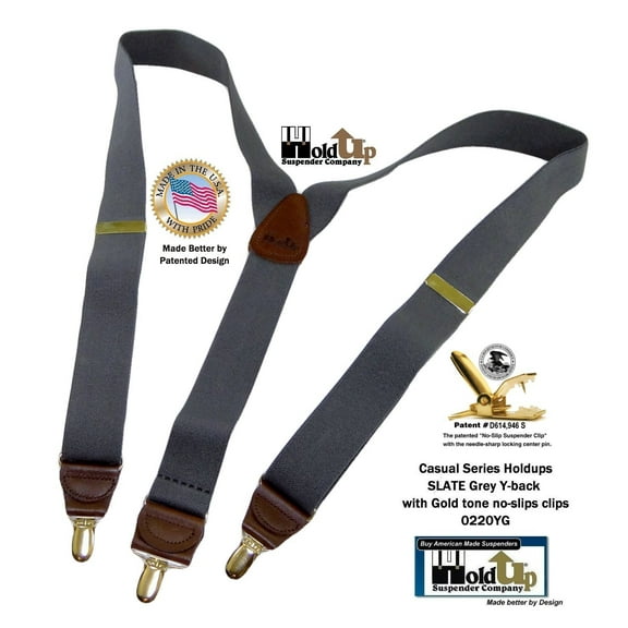 Men's Dark Slate Grey 1 1/2" wide Holdup Suspenders with Brown leather Y-back crosspatch and Patented No-slip Gold tone Clips