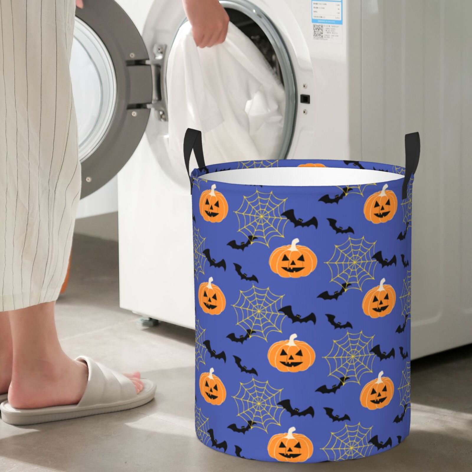 Large Laundry Basket with Handles - Halloween bats Lantern spiderweb Kids Baby Dirty Clothes Laundry Hamper for Bedroom Aesthetic