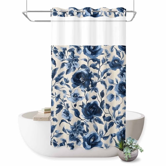 No Hook Shower Curtain Decorative Navy Blue Botanical Peony Waterproof Fabric Shower Curtain Set Vintage Floral Blossom Bath Curtains Bathroom Decor with See Through Mesh Top Window 54x78 Inch