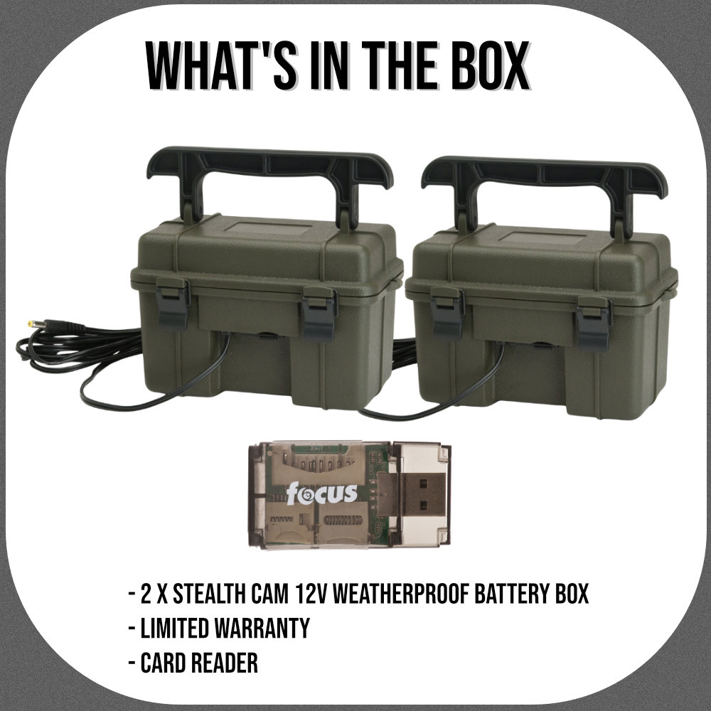 Stealth Cam 12V Weatherproof Battery Box with Sealed Lead Acid Battery for Trail Cameras (2-Pack, Dark Green) Bundle