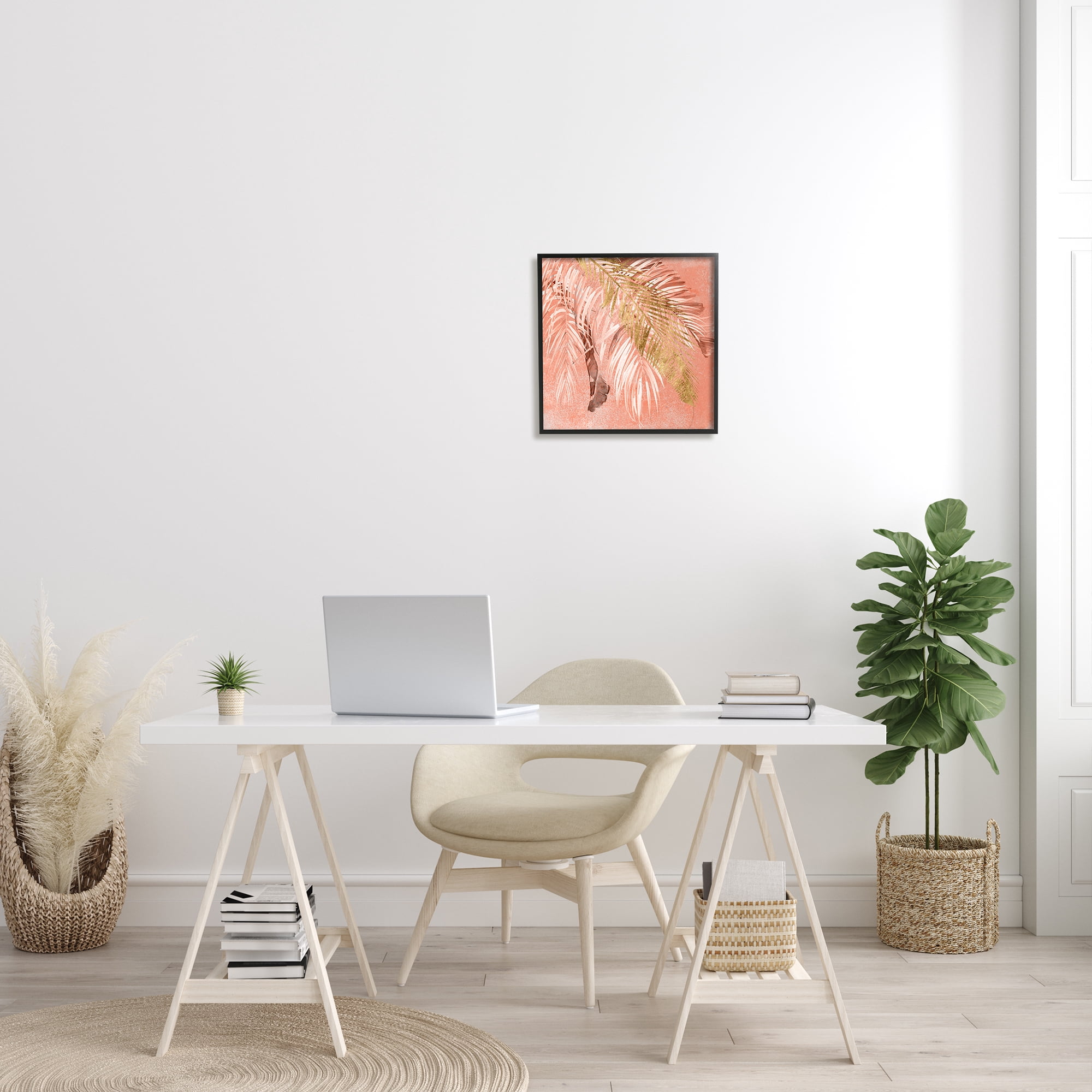 Falling Palm Tree Fronds Tropical Pink Plants Landscape Framed Art Print Wall Art, 17x17