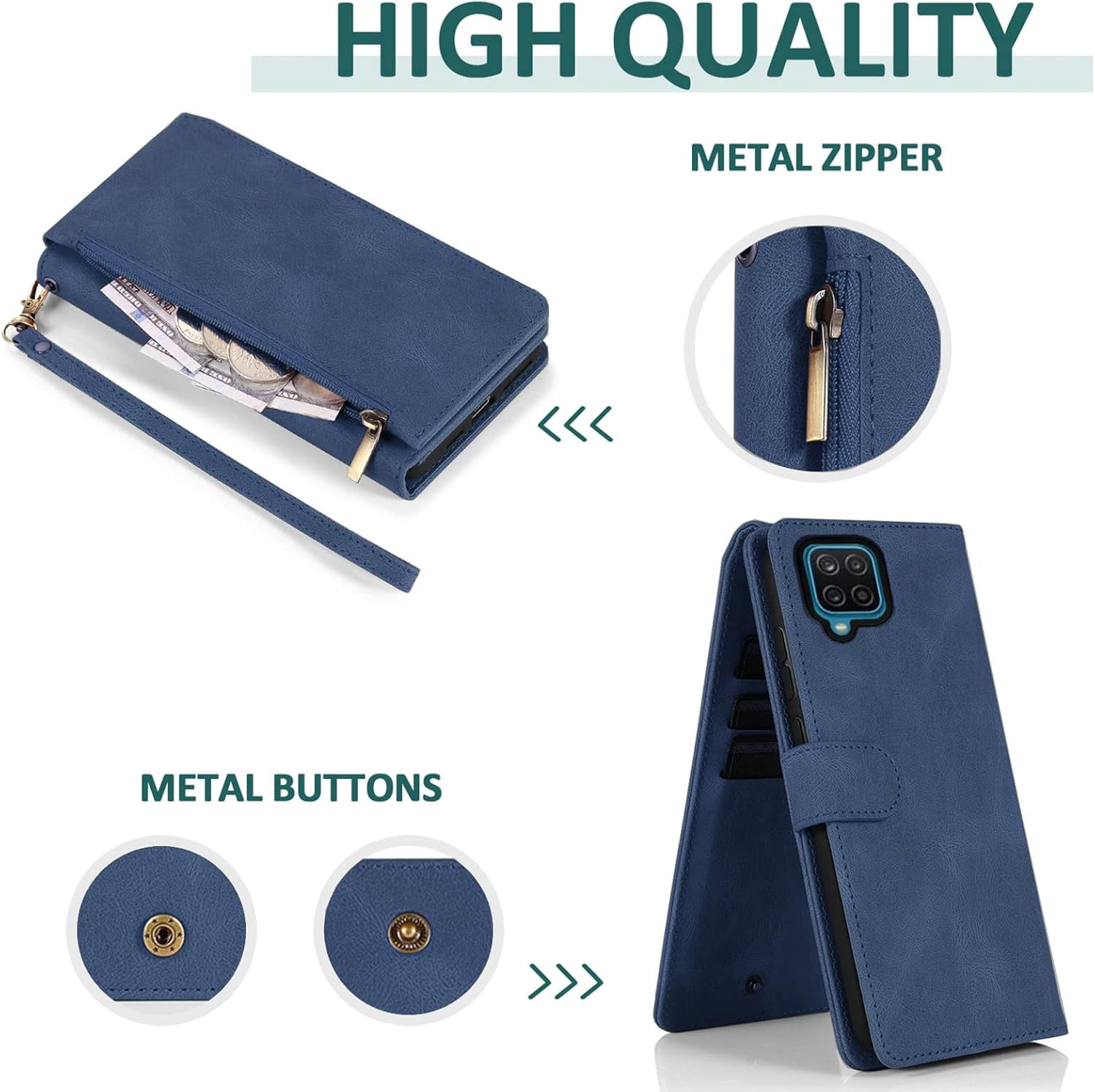 Compatible with Samsung Galaxy A12/M12 Wallet Case Tempered Glass Screen Protector Zipper Leather Flip Cover Card Holder Cell Phone Cases for Glaxay A 12 5G Gaxaly A-12 S12 12A 4G Women Men Blue