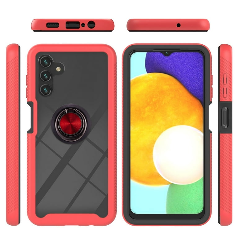 Transparent Hybrid Case with Ring Grip and Tempered Glass Screen Protector  for Samsung Galaxy A14 5G - Red