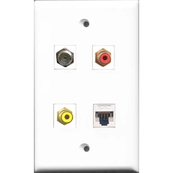 RiteAV 1 Port RCA Red and 1 Port RCA Yellow and 1 Port Coax Cable TV- F-Type and 1 Port Cat5e Ethernet White Wall Plate