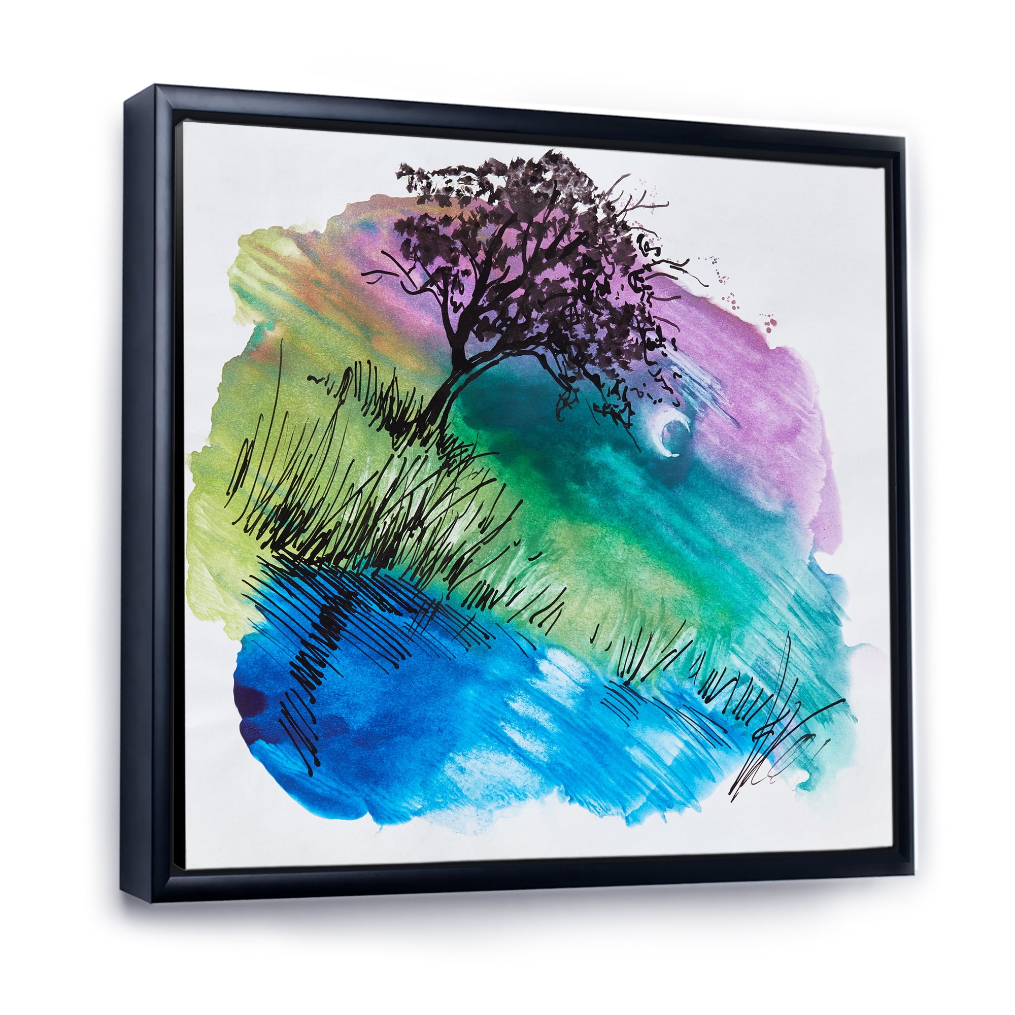 Designart 'Rainbow Silhouette Of Tree On The Riverbank At Night' Modern Framed Canvas Wall Art Print