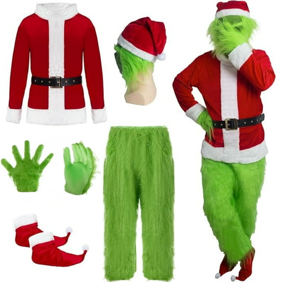 Festive Find Store Premium Adult Green Monster Costume Set 7-Piece Christmas Outfit