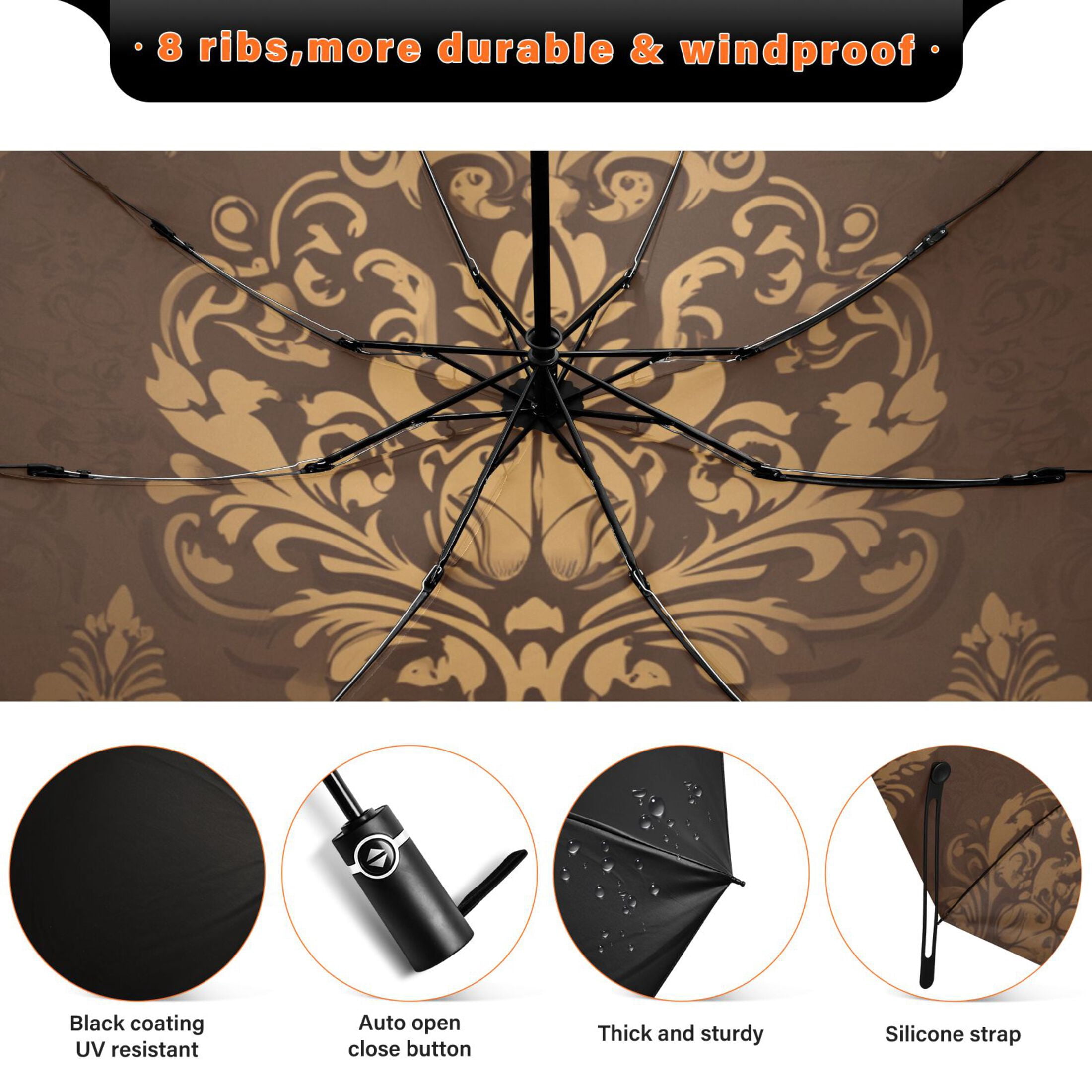 Damask Pattern Extra Large Automatic Umbrella, UV Protection, Waterproof, Auto Open and Close