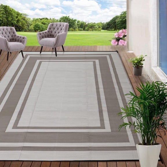 Outdoor Plastic Waterproof Rug 9'x 12' for Patio, Porch, Deck, Backyard, Balcony, Reversible, Geometric