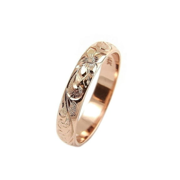 14K rose gold custom hand engraved Hawaiian queen plumeria scroll band ring 4mm size 13