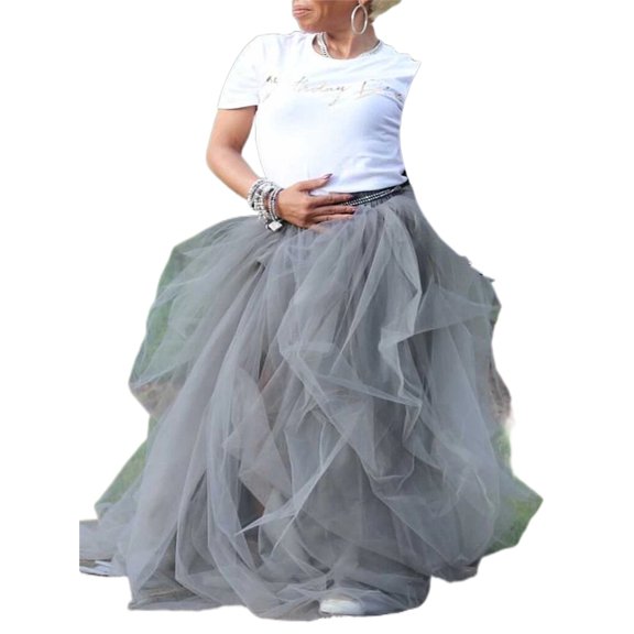 Gureui Women Tulle Tutu Princess Skirt Layered High Waist Puff Mesh Half Split Prom Overskirt Wedding Party A-Line Dress