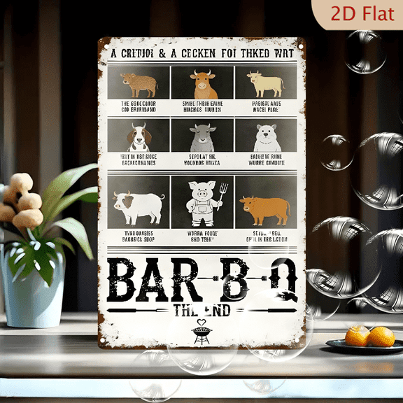 Vintage Satirical 8x12in Metal Wall Art Print, Funny BBQ Animal Grid Poster with Fake Latin Names, Rustic Retro Signage Decor for Kitchen or Bar