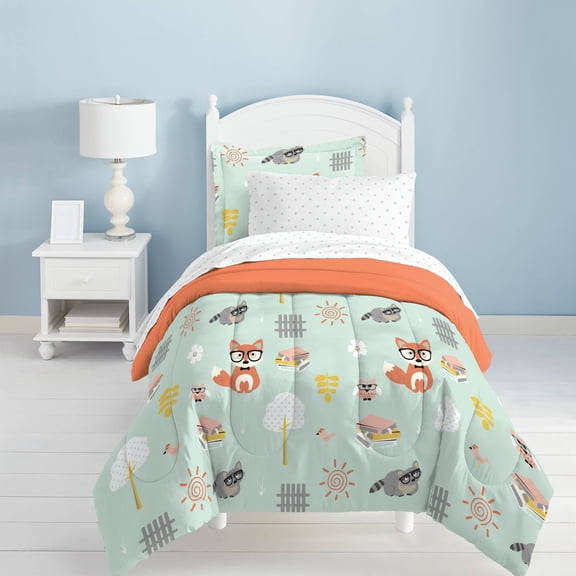 Woodland Friends Mini Kids' Bed in a Bag - Mint (Twin): Kids Woodland Bedding Set, Twin Comforter, 5 Pieces