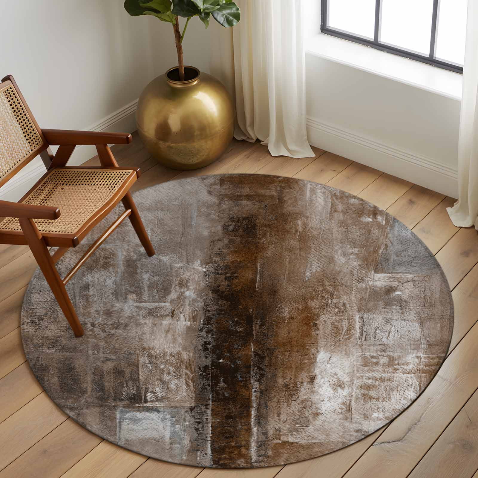 Brown Round Area Rug 6 FT, Non Slip Bedroom Area Rug, Retro Oil Painting Modern Abstract Art Aesthetics Washable Soft Circular Carpet Floor Mat for Kitchen Dining Room Home Office Kids Room