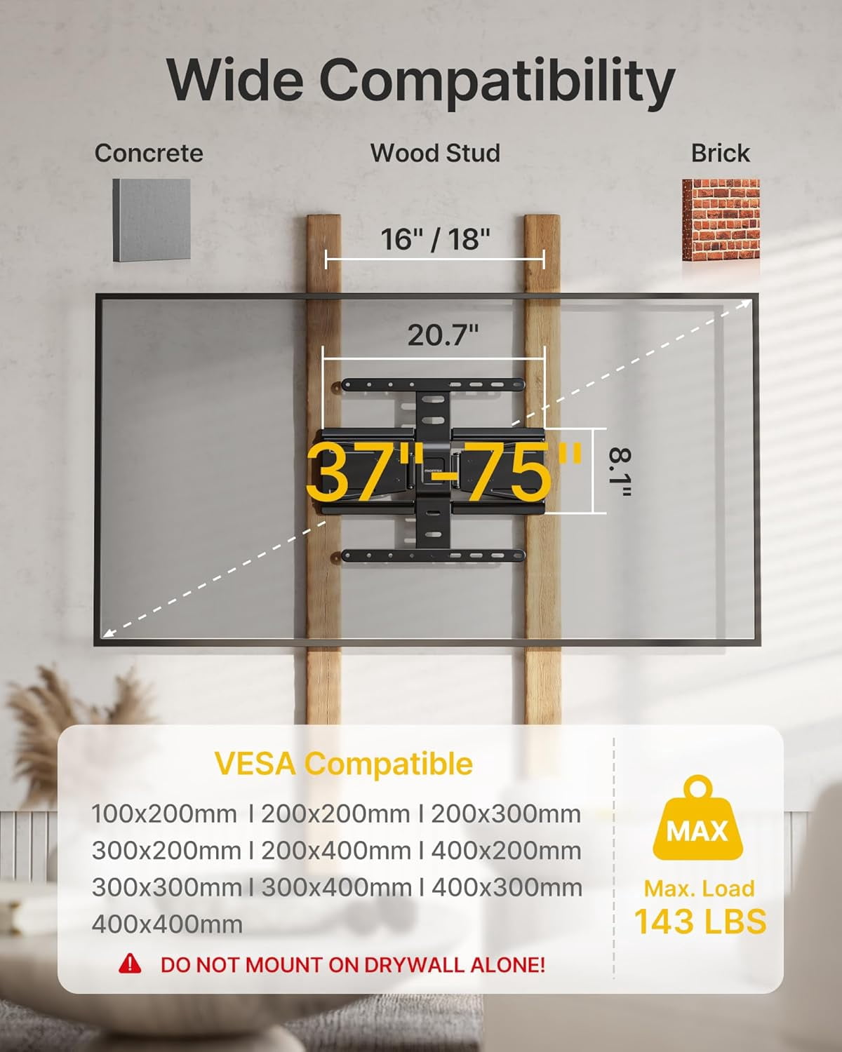 monTEK 0.77" Ultra Slim Full Motion TV Wall Mount for 37–75" TVs, Dual Arm Articulating Bracket, 143 lb Capacity, VESA 100x200–400x400, Fits 16"/18" Studs, 4× Load Tested