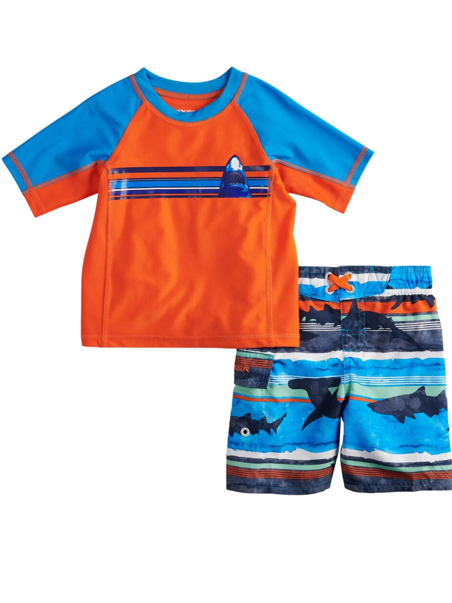 ZeroXposur Toddler Boys Orange & Blue Shark Rash Guard Shirt & Swim Trunks  2T