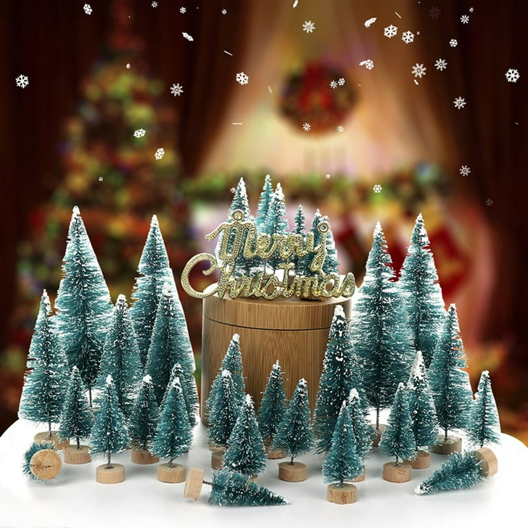 Yirtree 34/40/55/56pcs Mini Pine Trees Frosted Sisal Trees with Wood Base Bottle Brush Trees Plastic Winter Snow Ornaments Tabletop Trees for Crafting
