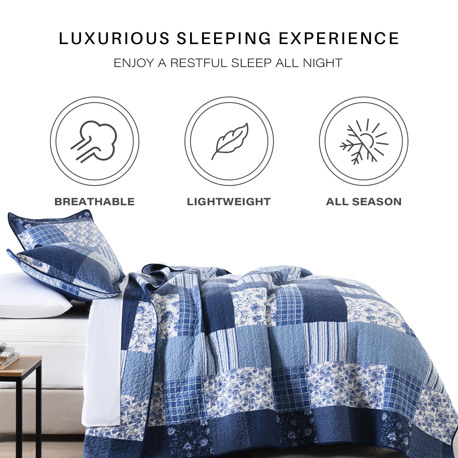 CozyDH Blue Plaid King Quilt Set, 100% Cotton Soft Lightweight 3-Piece Bedding Set, Classic Patchwork Bedspread Coverlet with 2 Shams
