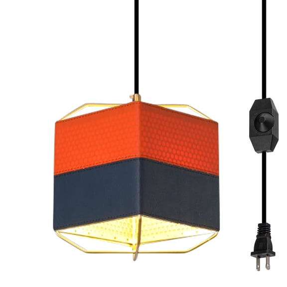 Kiven Plug-in Pendant Light with Dimmable Light Cord (15ft), Hanging Leather Shade Pendant Light for Office Fits, Bulb Not Included - 1Pack(Oragen Blue)