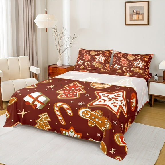 Manfei Cute Gingerbread Man Twin Sheet Sets for Kid, Red Brown Christmas Twin Fitted Sheet, Xmas Tree Stars Gifts Flat Sheet, Luxury Bedroom Decor, 3 Pieces