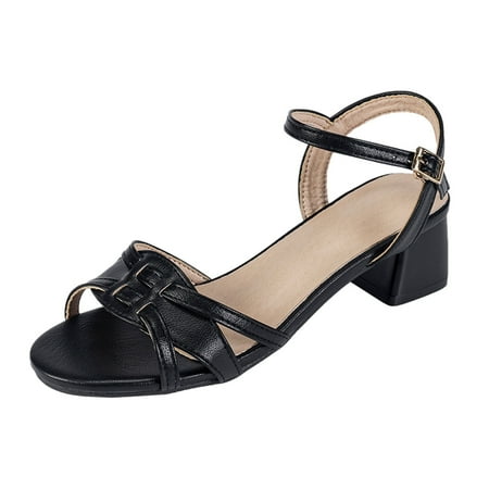 

Women s Spring And Summer Buckle Sandals Slim Open Toe Heel Medium Heel Shoes Pu sandals for Women Black