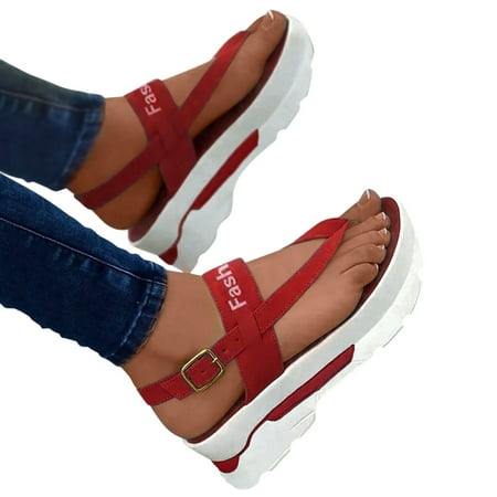 

uikmnh Women Shoes Ladies Fashion Flock Wedge Heel Pinch Toe Platform Buckle Roman Sandals Red 7