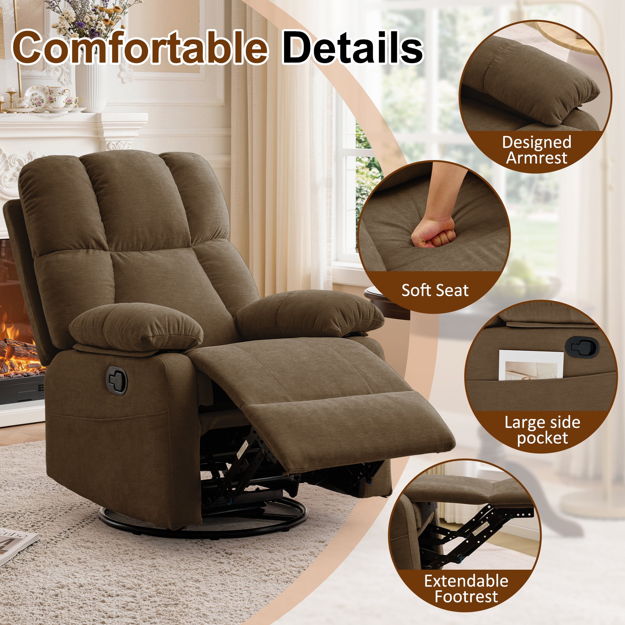 GEEYOO Swivel Rocker Recliner Chair for Adults,360°Swivel Nursery Recliner with Side Pockets,Small Recliner Chair for Small Spaces for Living Room,Linen,Brown