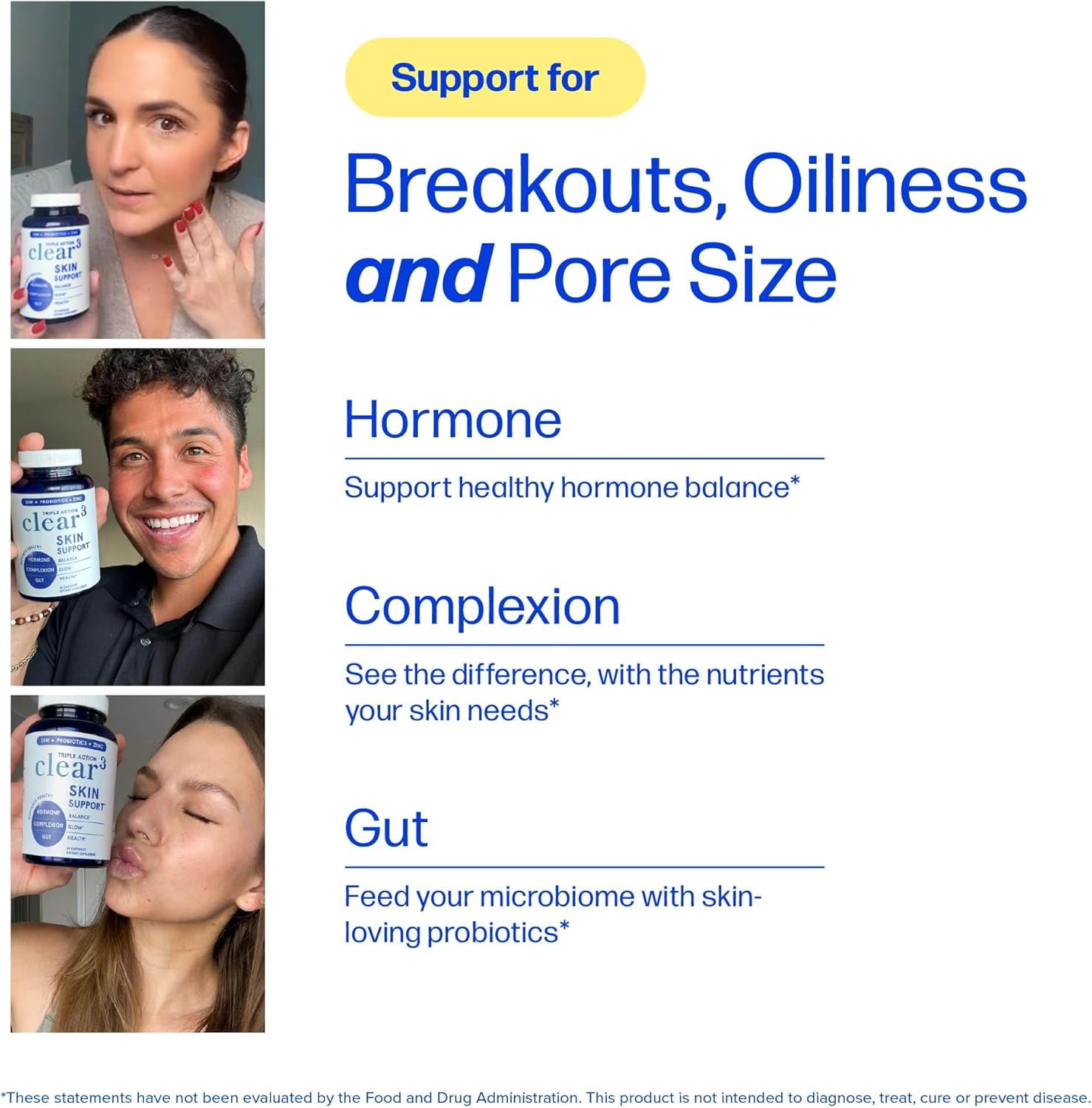 Clear Skin Supplement with Zinc, DIM & Probiotics, 3-in-1 Formula with Hyaluronic Acid, Niacinamide & Vitamins, Dietary Supplement, 120 Capsules