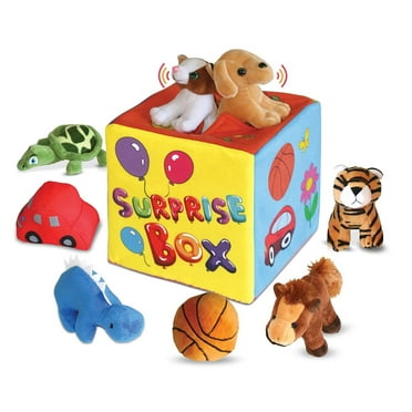 Bundaloo Surprise Box with Plush Toys - Whats Inside Soft Feely Box with 9 Plushies - Sensory Playset of Stuffed Animals with Squeaky Sounds - Suitable for Babies & Toddlers Aged 6 Months Old & Up