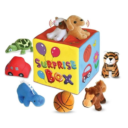 Bundaloo Surprise Box with Plush Toys - Whats Inside Soft Feely Box with 9 Plushies - Sensory Playset of Stuffed Animals with Squeaky Sounds - Suitable for Babies & Toddlers Aged 6 Months Old & Up