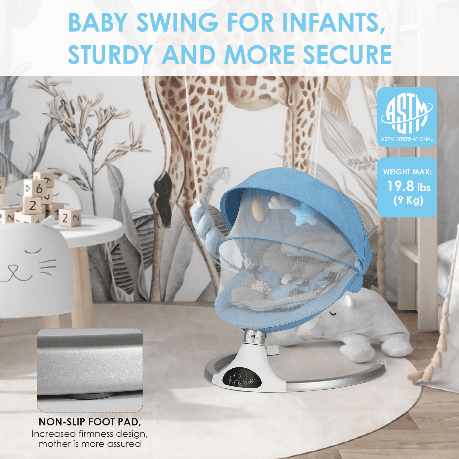 Baby Swing for Infants - Electric Indoor Baby Rocker 3 Speeds and 10 Lullabies, Portable, Touch Screen & Remote Control, Blue