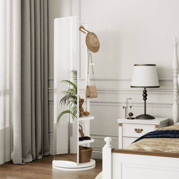 360 ° giratorio 69 "x16" espejo multifuncional de longitud completa con gancho de almacenamiento estante con espejo piso de madera maciza espejo dormitorio sala de estar armario ahorro de espacio