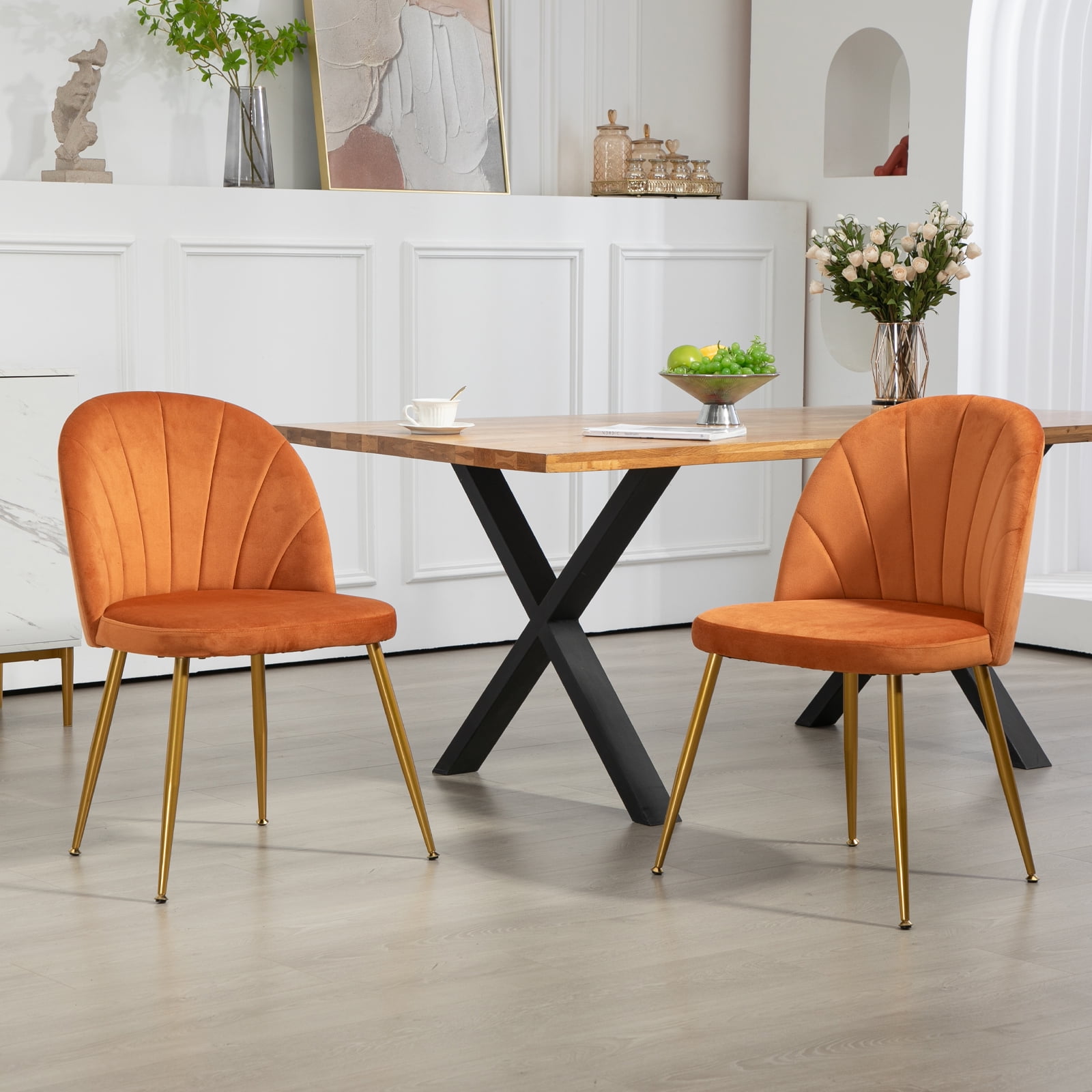 Newnno Velvet Modern Dining Chairs Set of 2, Upholstered Armless Accent Side Chair with Metal Legs for Kitchen Dining Room, Orange