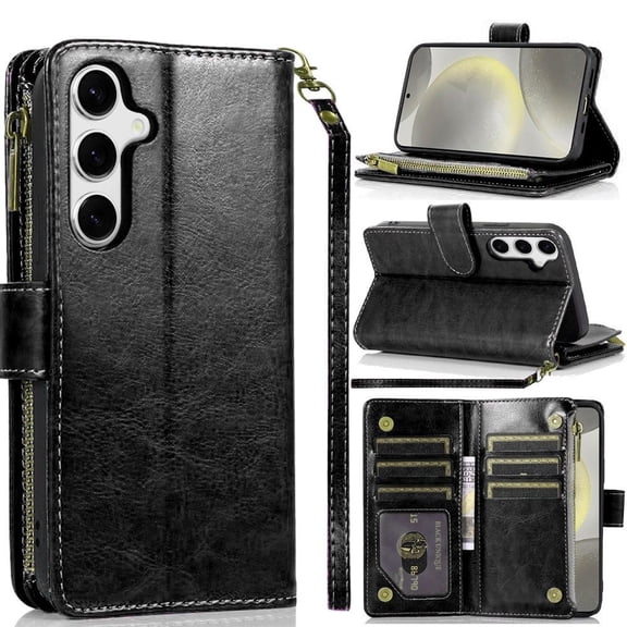 For Samsung Galaxy S25  /S25 Plus /S24  Plus Leather Wallet Case with Zipper, 9 Card Slots, Cash Pocket, Stand & Strap, Clutch Pouch Design Cover, XPM Phone Case [Black]