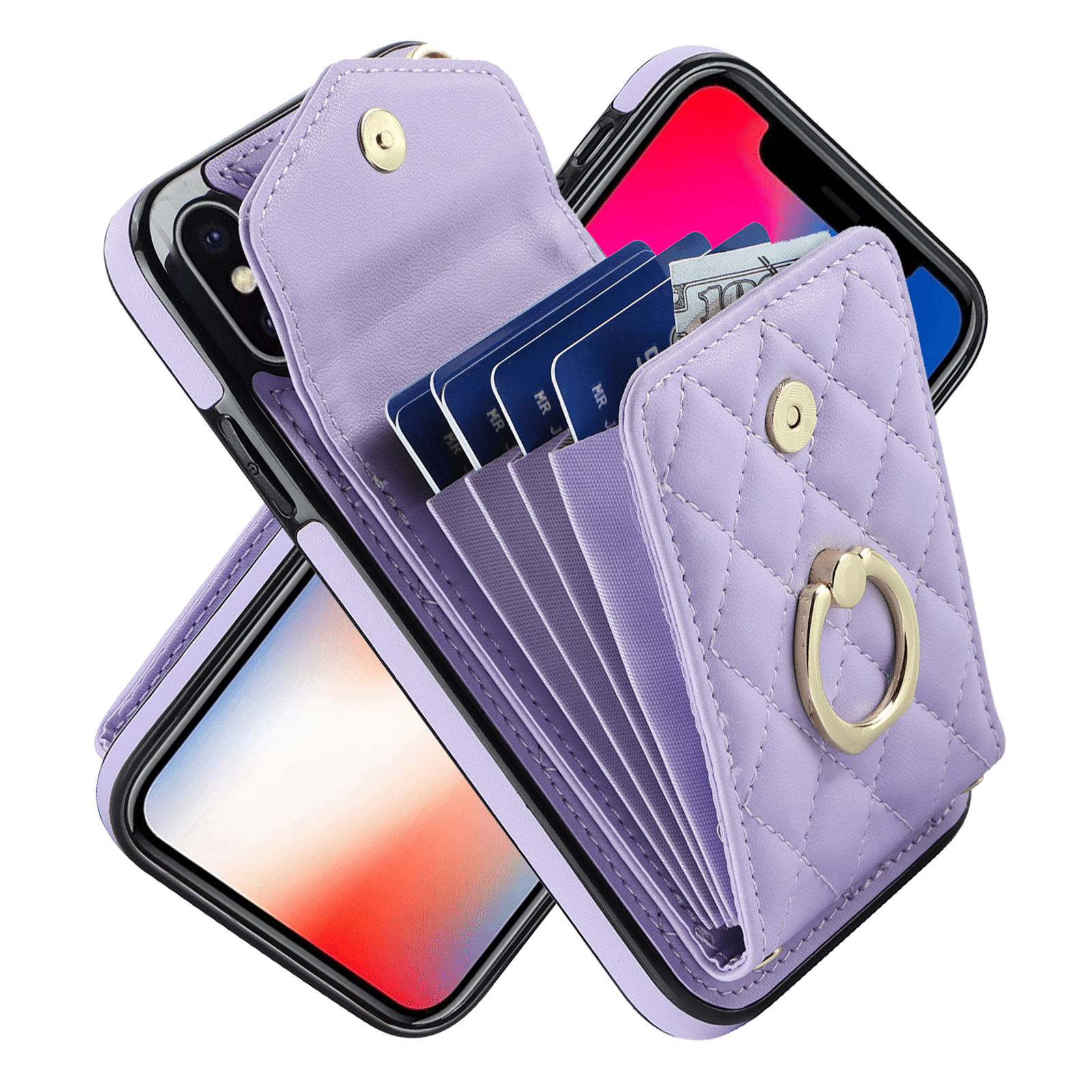 Asuwish Wallet RFID Blocking PU Leather Cell Phone Case with Tempered Glass Screen Protector, Wrist Strap for iPhone XS Max, Purple