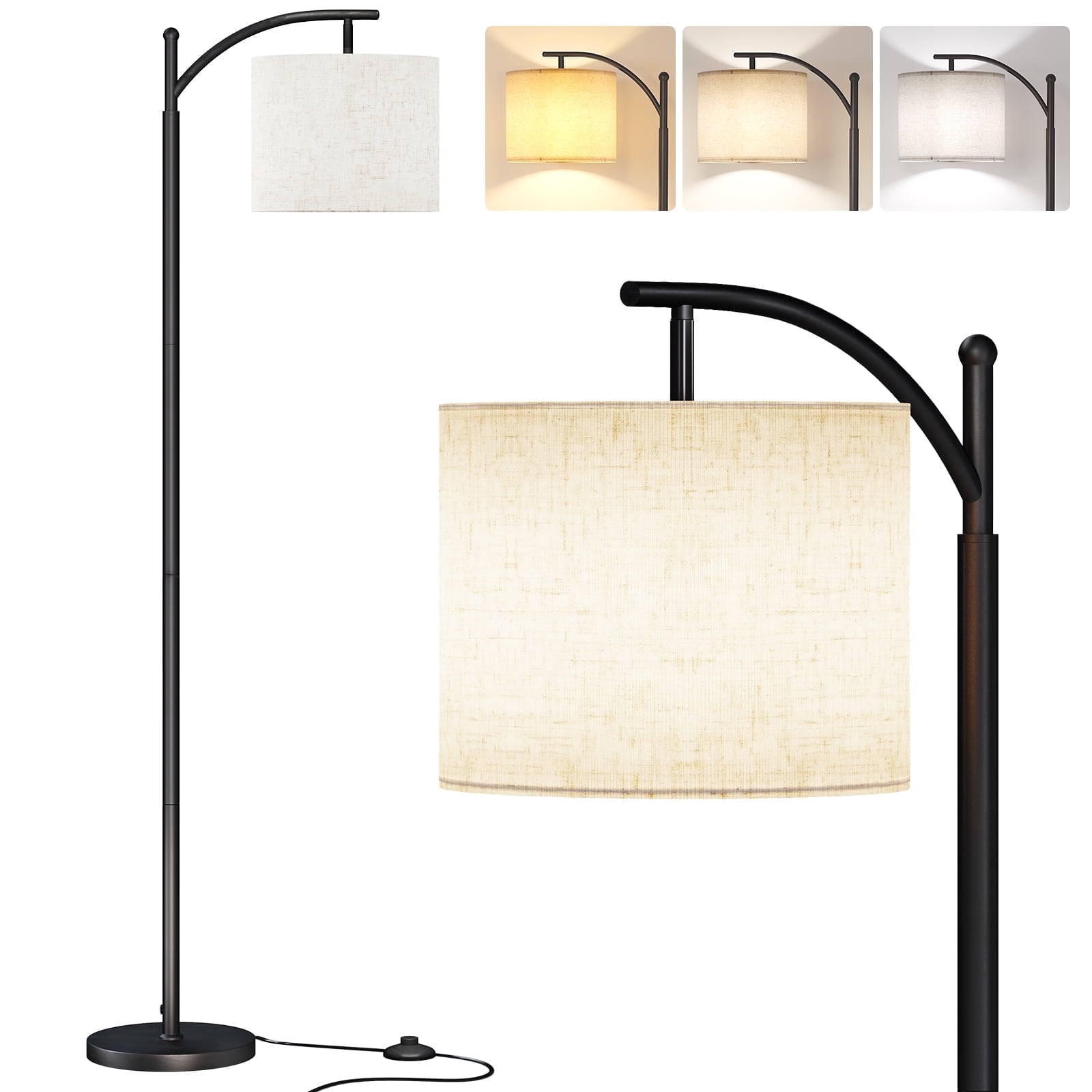 SUNMORY Arc/Arched Floor Lamp with Foot Switch, Metal Standing Lamps with 9W 3 Color Temperatures Bulb, Adjustable Hanging Linen Lampshade, Tall Floor Lamp for Living Room, Bedroom, Office