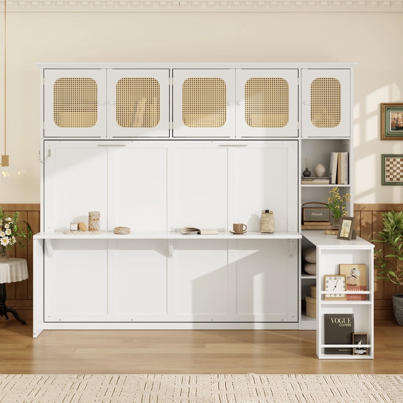Full Size Murphy Bed with Desk and Open Shelf, Space-Saving Wall Folding Platform Bed Frame with Rattan-Door Cabinets
