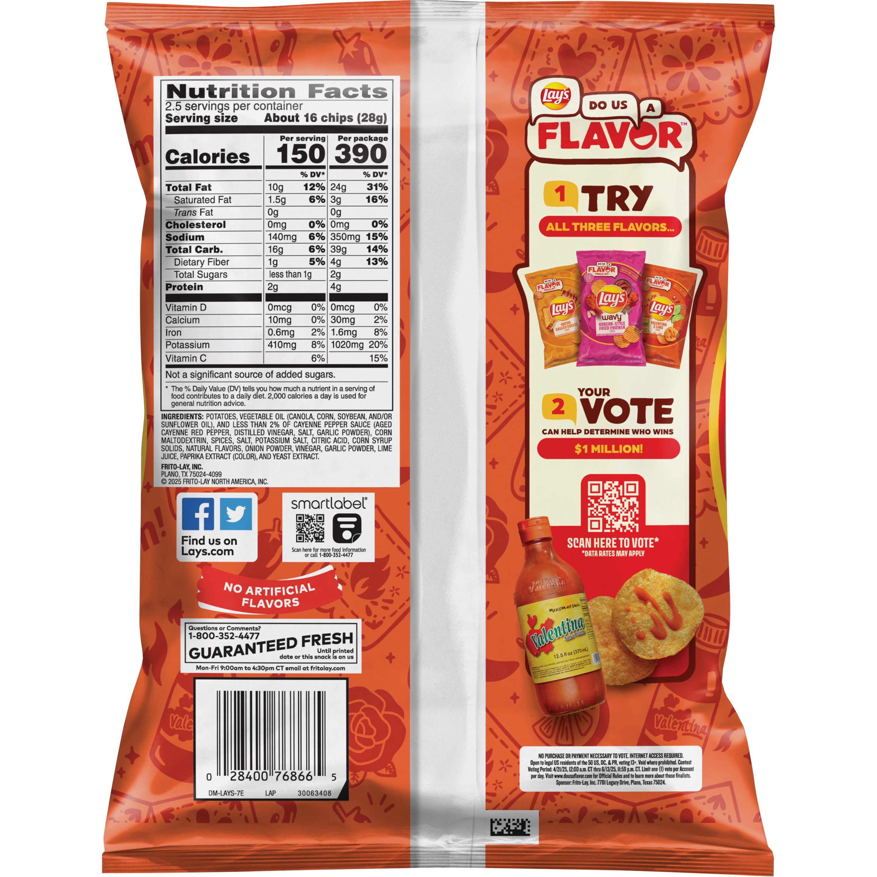 Lay's Potato Chips Snack Chips, Valentina & Lime, 2.5 oz Bag