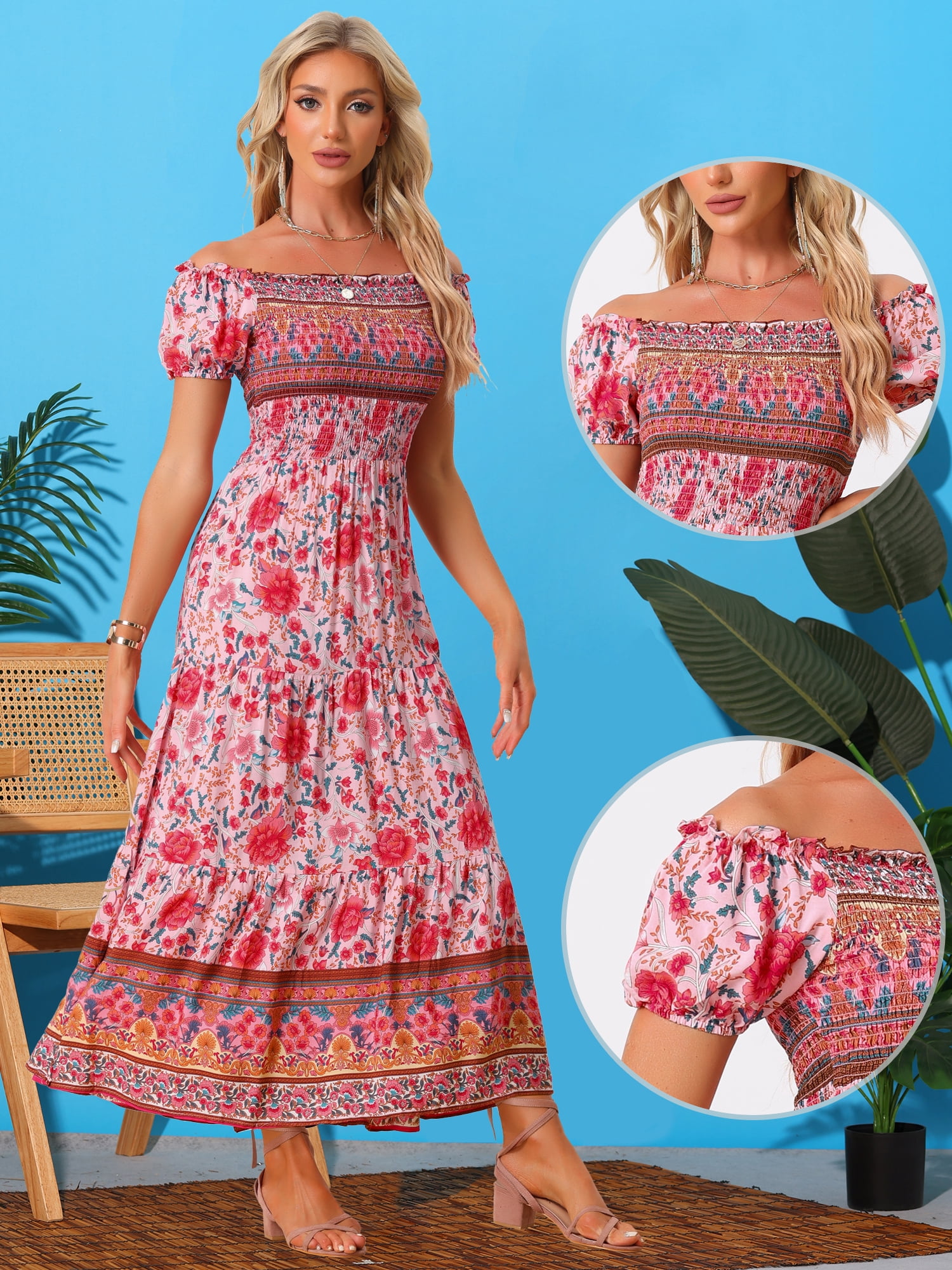 DARING DIVA Boho Floral Dress Midi Smocked Dress L Pink