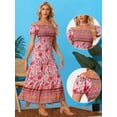 thumbnail image 2 of Unique Bargains Boho Floral Dress for Women's Square Neck Midi Smocked Dresses M Pink, 2 of 6