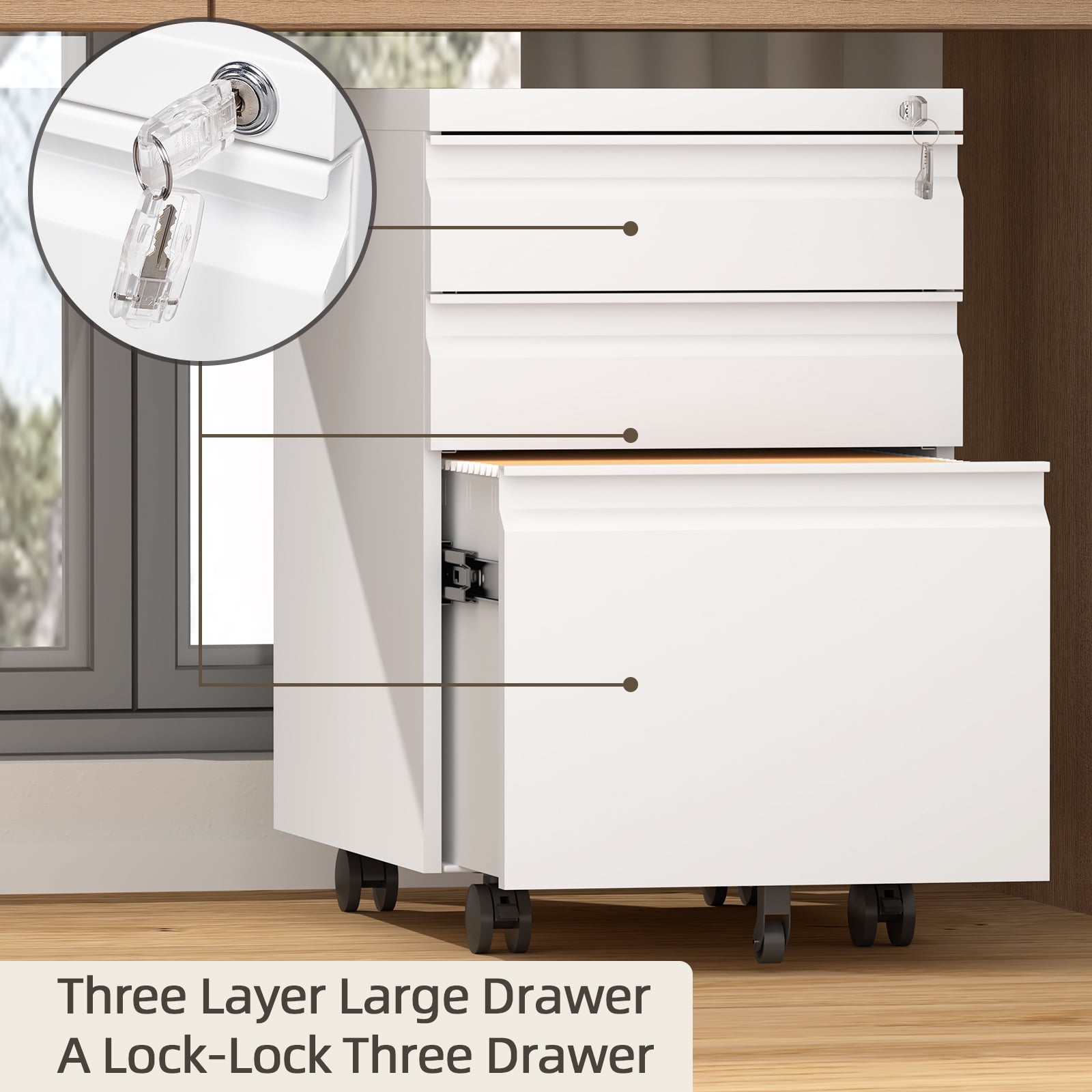 Marcree Filing Cabinets, Mobile File Cabinet with Lock for Home Office, 3 Drawer Filing Cabinet for A4/Letter/Legal Size Folder, Metal Vertical White Filing Cabnet on Wheels, Fully Assembled