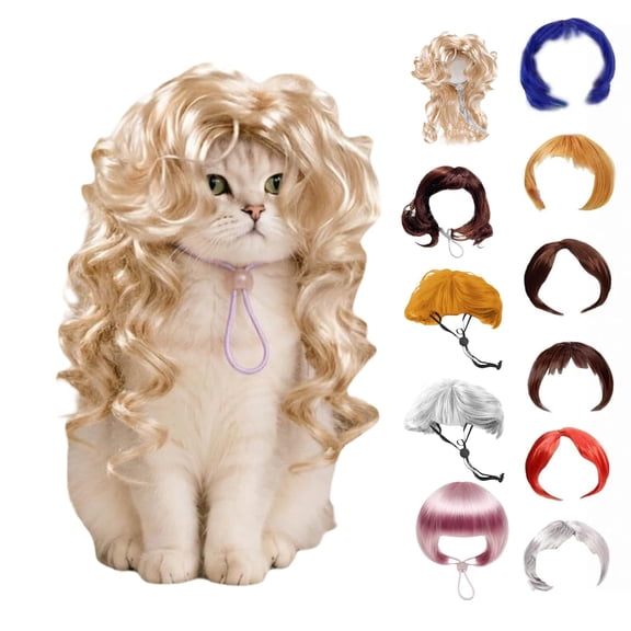 Dog Cat Wig Costume, Adjustable Pets Hairpiece for Halloween| Soft Silk Material, Adjustable Straps, Lightweight Fit for Small Medium Dogs and Cats for Halloween Photos Parties