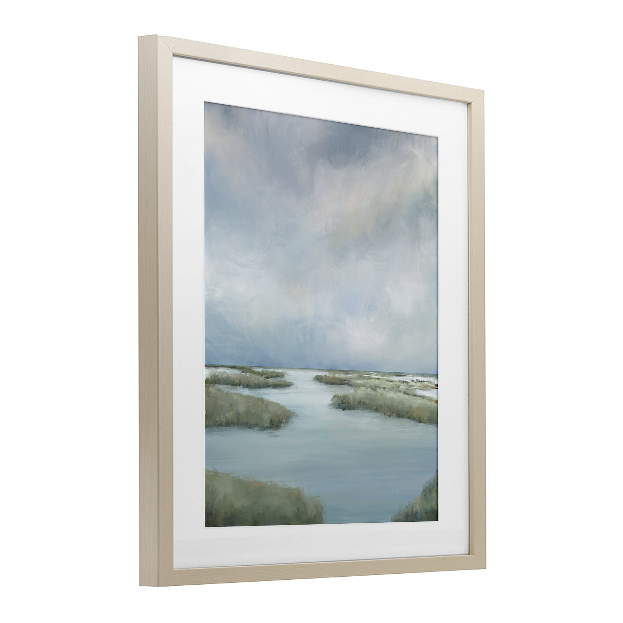 Hazy Marsh Land View Birch Framed Print Under Glass, design by Leah Noel Art