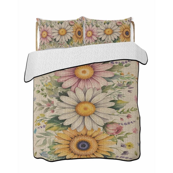 Twin Quilt Bedding Set, Vintage Daisy Floral Reversible Summer Quilt 3 Pieces, Spring Flowers Botanical Leaves Rustic Lightweight Bedspreads Coverlets with 2 Pillow Shams for All Seasons