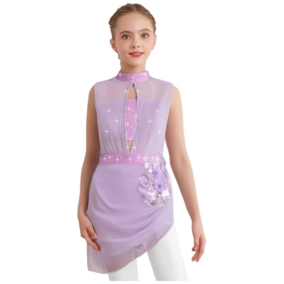 iiniim Girls Ballet Skirted Leotard Mesh Figure Ice Skating Dress Asymmetrical Lyrical Dancewear Lavender 16