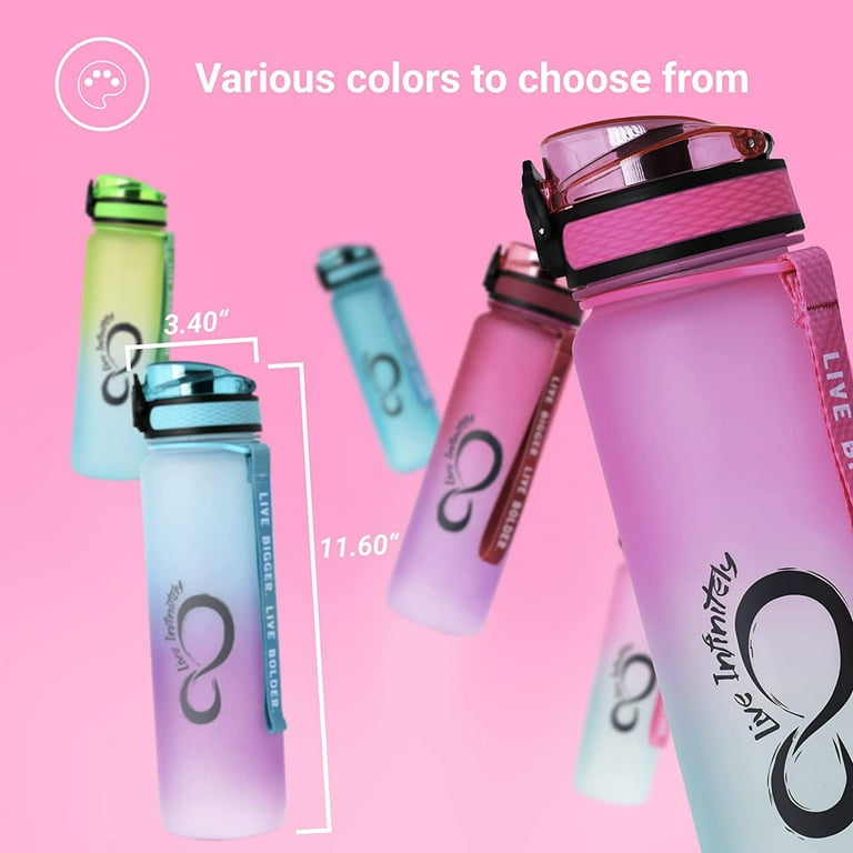Live Infinitely Gym Water Bottle with Time Marker Fruit Infuser and Shaker 34 oz Purple