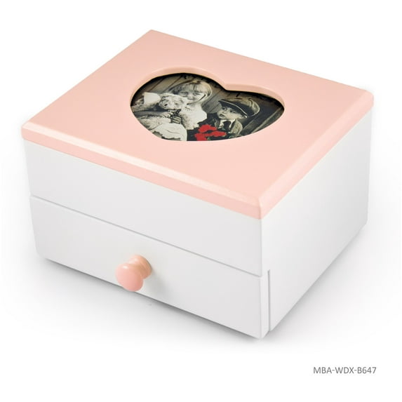 Adorable 18 Note Matte White with Pink Heart Shaped 5" x 3" Photo Frame Musical Jewelry Box - Smoke Gets In Your Eyes