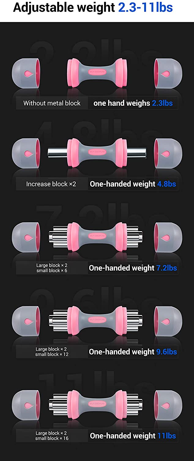 Adjustable Dumbbells Set, Neoprene Coated Weights for Home Gym, Non-Slip Grip, Pink Black 11lb Pair