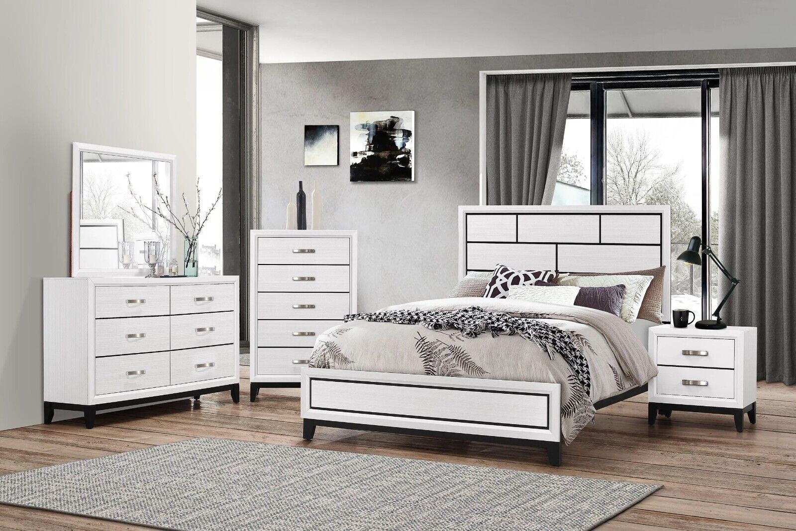 Contemporary Style 4pc Queen Size LowProfile Bed Dresser Mirror